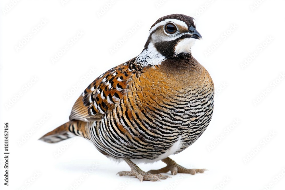 northern bobwhite quail stands proudly on the ground, its striking spotted plumage highlighted against a clean white backdrop, emphasizing its natural beauty and unique patterns. northern bobwhite quail stands proudly on the ground, its striking spotted plumage highlighted against a clean white backdrop, emphasizing its natural beauty and unique patterns.