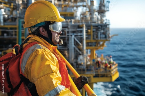 An offshore oil rig worker in protective gear and helmet stands on a platform, overlooking the ocean with industrial machinery behind, under a clear sky.