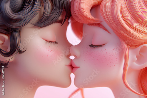 Romantic close-up of two animated characters kissing with soft expressions and colorful hair against a pastel background photo