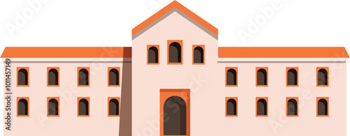 Simple vector illustration featuring a long, likely institutional, building with many windows and an arched entranceway