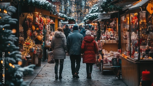 Family shopping for festive decorations in a local holiday market