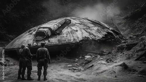 History's photo officers Inspect UFO crashed on the ground, the ground is turned around from the fall, ultra realism, historical authenticity, monochrome photo