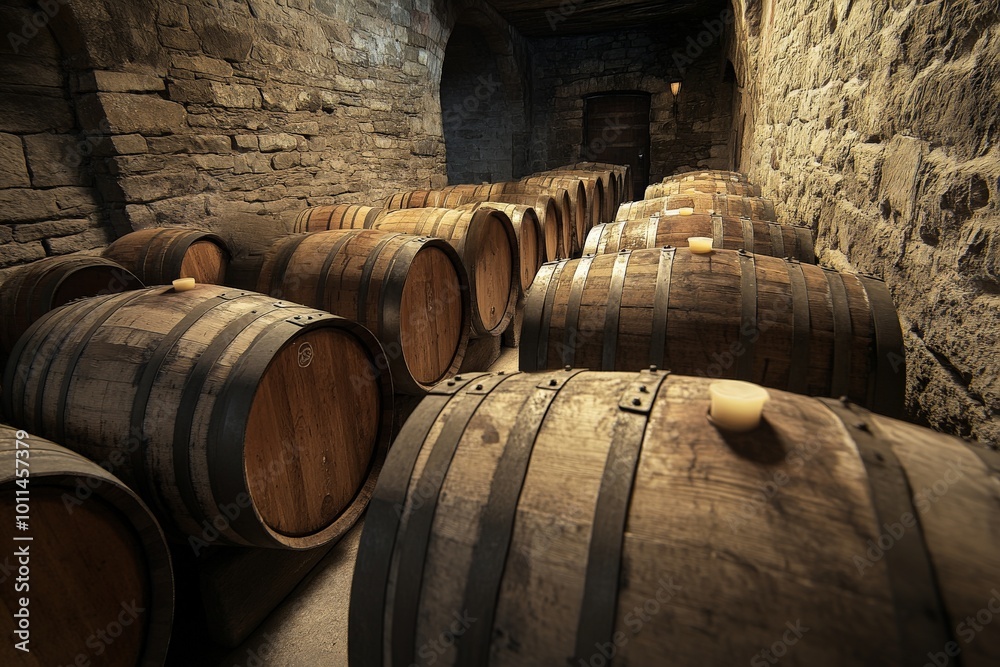 Wine barrels are neatly arranged in a rustic stone-lined cellar, exuding a sense of tradition and timelessness in a classic European wine storage setting. Wine barrels are neatly arranged in a rustic stone-lined cellar, exuding a sense of tradition and timelessness in a classic European wine storage setting.