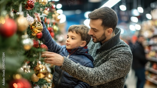 Father and son shopping for Christmas tree decorations in a busy store