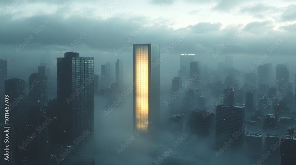 A city skyline is shown with a foggy atmosphere A city skyline is shown with a foggy atmosphere