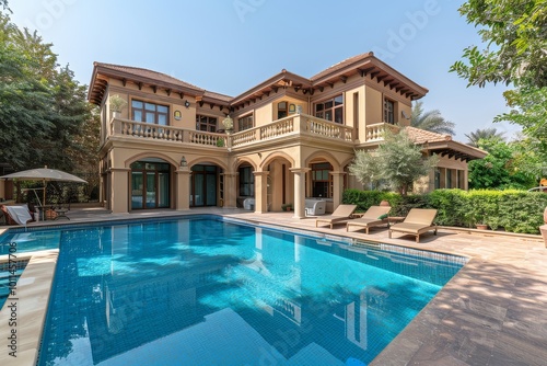 Spacious villa with outdoor pool, sunbathing area, and beautiful garden in Al Potrateria, Saudi Arabia, showcasing luxury living.