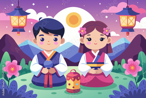 Korean children wearing Hanbok, a boy and girl sitting on the ground holding traditional Korean lanterns in their hands with colorful patterns, Flat background for korean seollal festival celebration