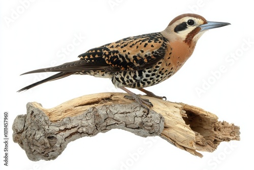 Admire the elegance of a northern flicker standing confidently on a branch, its rich brown and black-spotted feathers prominently displayed in a timeless pose.