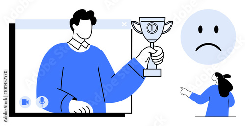A person on a video call holding a trophy symbolizes victory and celebration. A sad face icon and another character pointing illustrate themes of disappointment and envy. Simple, modern style. Ideal