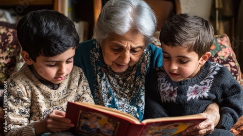 Grandchildren sitting on their grandmother's lap while reading a story during a family gathering