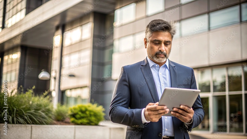 A businessman in a suit using a tablet in front of an office building. A businessman in a suit using a tablet in front of an office building.