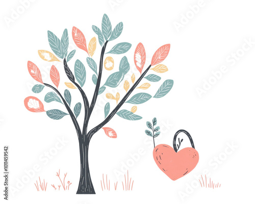 Tree with colorful leaves and heart symbol, white isolate background