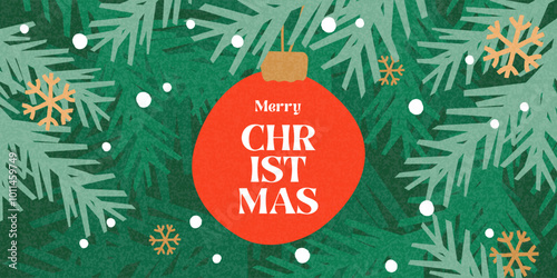 Merry Christmas greeting card, web banner, holiday background. Modern beautiful Xmas design with typography, Christmas tree branches, ball and snowflakes. Minimal art poster, cover, ads template