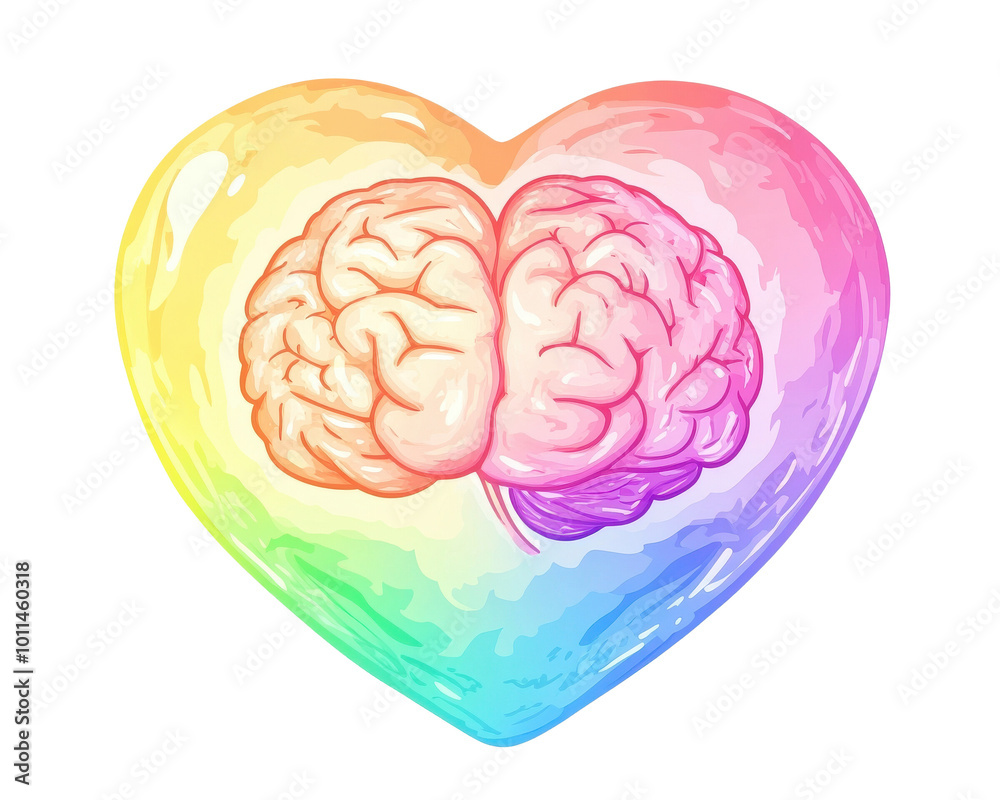 Colorful heart with a brain illustration, white isolate background Colorful heart with a brain illustration, white isolate background