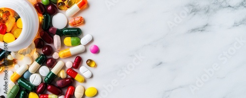 An array of colorful capsules, tablets, and soft gels scattered on a marble surface, showcasing a variety of dietary supplements and medications for health and wellness.