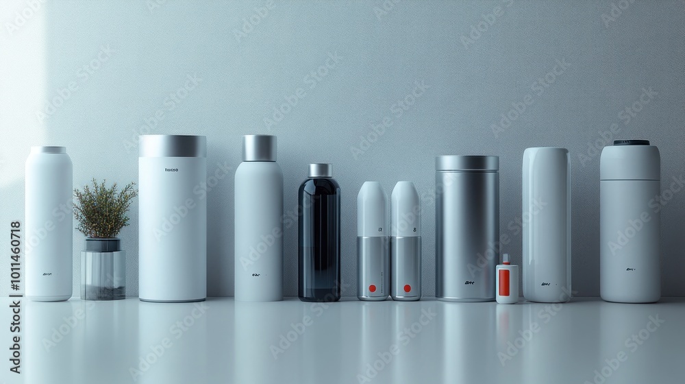 A collection of sleek, modern containers on a minimalist surface. A collection of sleek, modern containers on a minimalist surface.