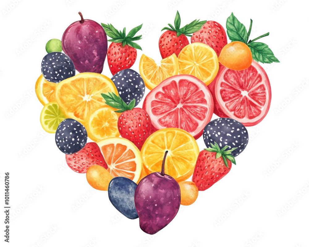 Colorful heart made of various fruits, white isolate background