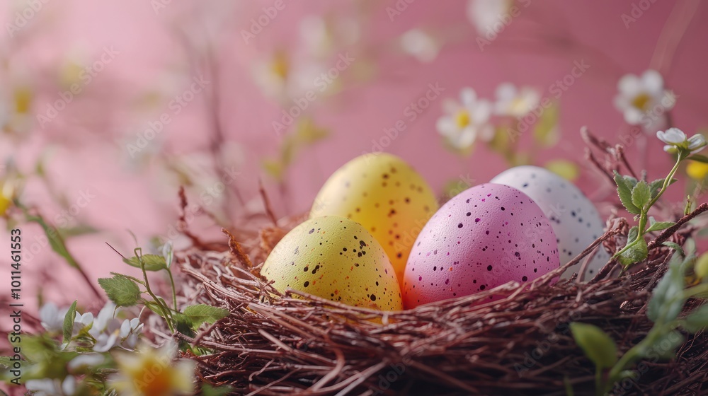Colorful Easter eggs in a nest surrounded by spring blossoms. Colorful Easter eggs in a nest surrounded by spring blossoms.