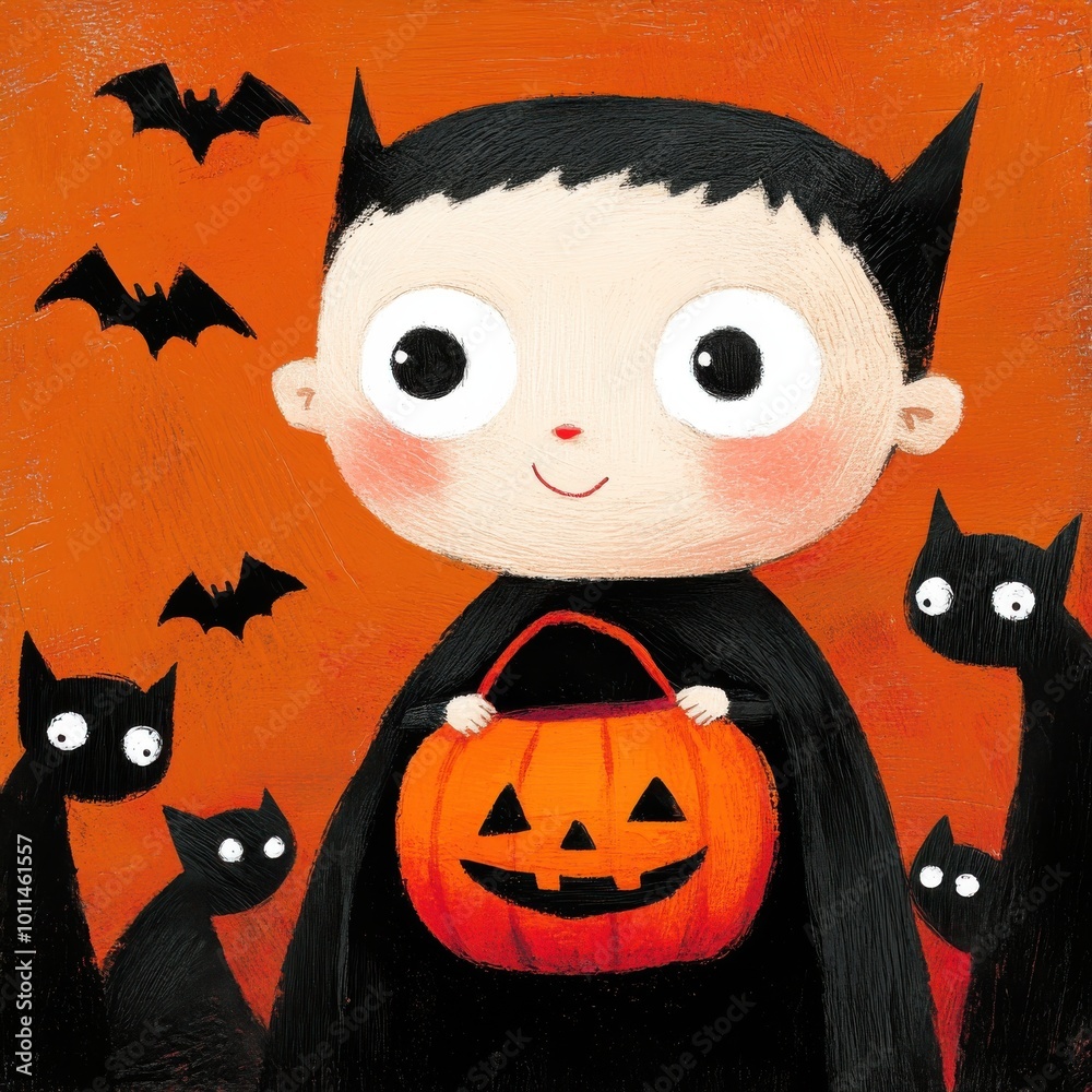 Adorable Vampire Child with Halloween Pumpkin Adorable Vampire Child with Halloween Pumpkin