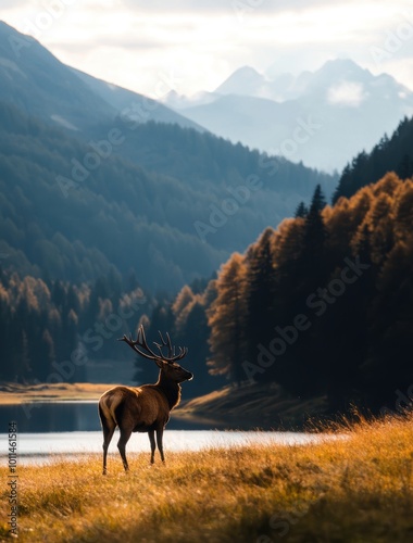 A regal stag stands gracefully by a tranquil lake, surrounded by misty mountains and golden-hued trees, capturing the essence of nature's beauty and tranquility.