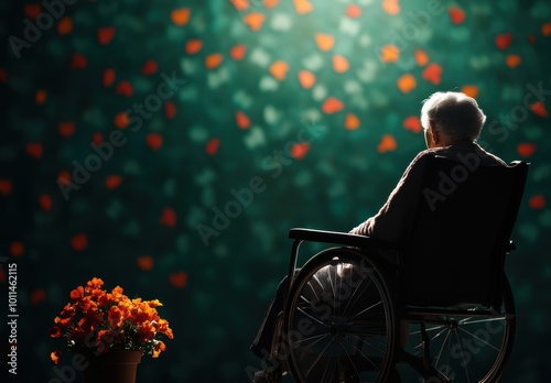 An elderly person in a wheelchair gazes contemplatively toward a vibrant backdrop of colorful foliage, symbolizing solitude and the passage of time amid blooming flowers.