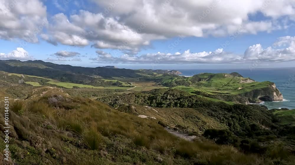 Stunning Coastal Landscape of Cape Farewell and Farewell Spit: A Rugged Clifftop View Over Golden Bay at Sunset, New Zealand Stunning Coastal Landscape of Cape Farewell and Farewell Spit: A Rugged Clifftop View Over Golden Bay at Sunset, New Zealand