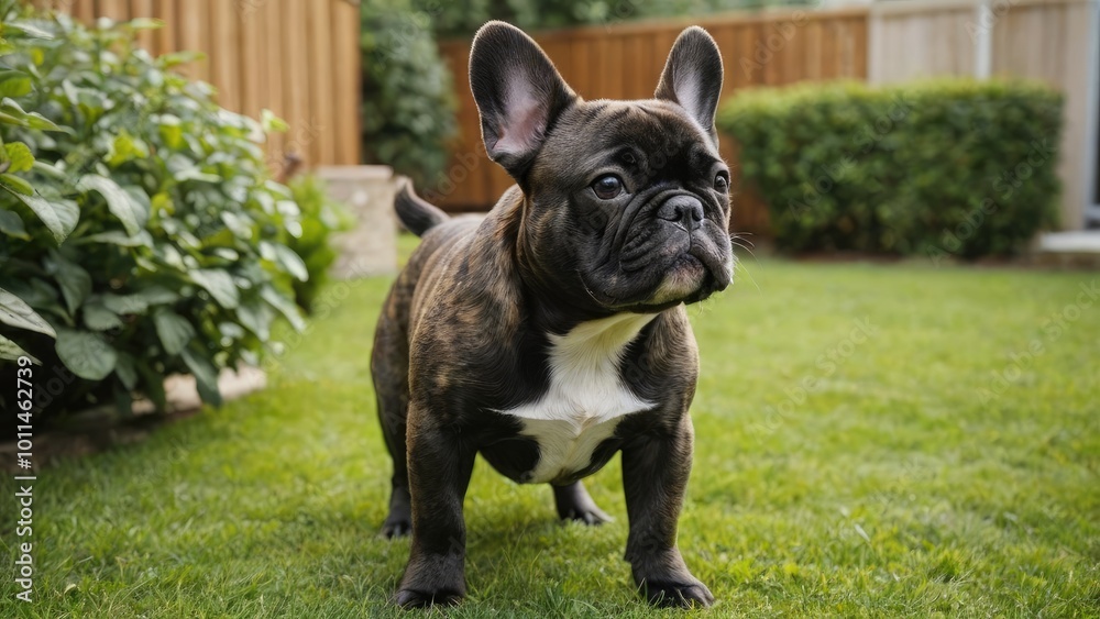 Fototapeta premium Brindle french bulldog in the garden