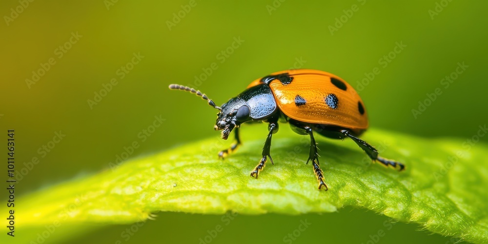 A stunning close-up of a ladybug perched on a green leaf, showcasing its brilliant orange and black patterns against a softly blurred background of greens. A stunning close-up of a ladybug perched on a green leaf, showcasing its brilliant orange and black patterns against a softly blurred background of greens.