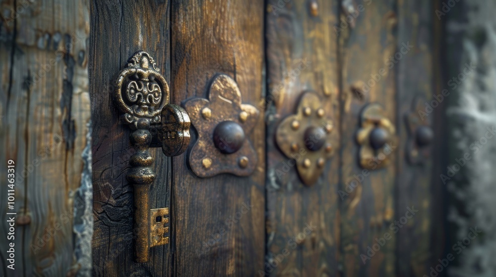 Fototapeta premium A vintage wooden door with an ornate key and unique hardware, showcasing timeless craftsmanship and beauty in design.