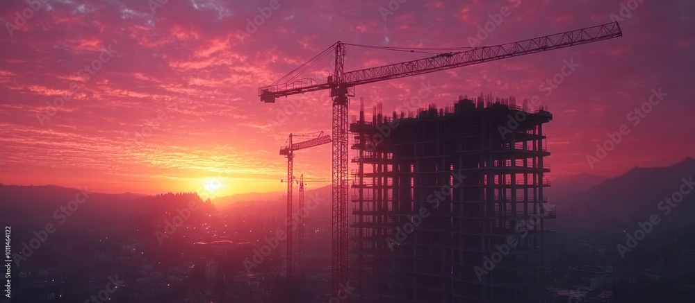 Naklejka premium Construction site with a sunset in the background.