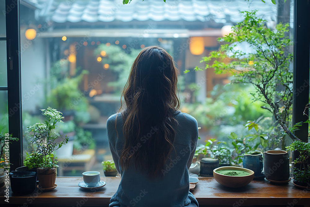 Japanese fashion model sitting on a terrace table, enjoying organic matcha green tea from a bowl. Scene includes green tea powder and a wooden spoon for a serene, natural ambiance.
Japanese fashion model sitting on a terrace table, enjoying organic matcha green tea from a bowl. Scene includes green tea powder and a wooden spoon for a serene, natural ambiance.