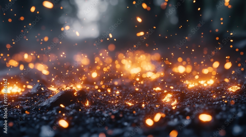 Fiery particles of embers floating across a dark scene, sparkling and glowing with intense heat and light Fiery particles of embers floating across a dark scene, sparkling and glowing with intense heat and light