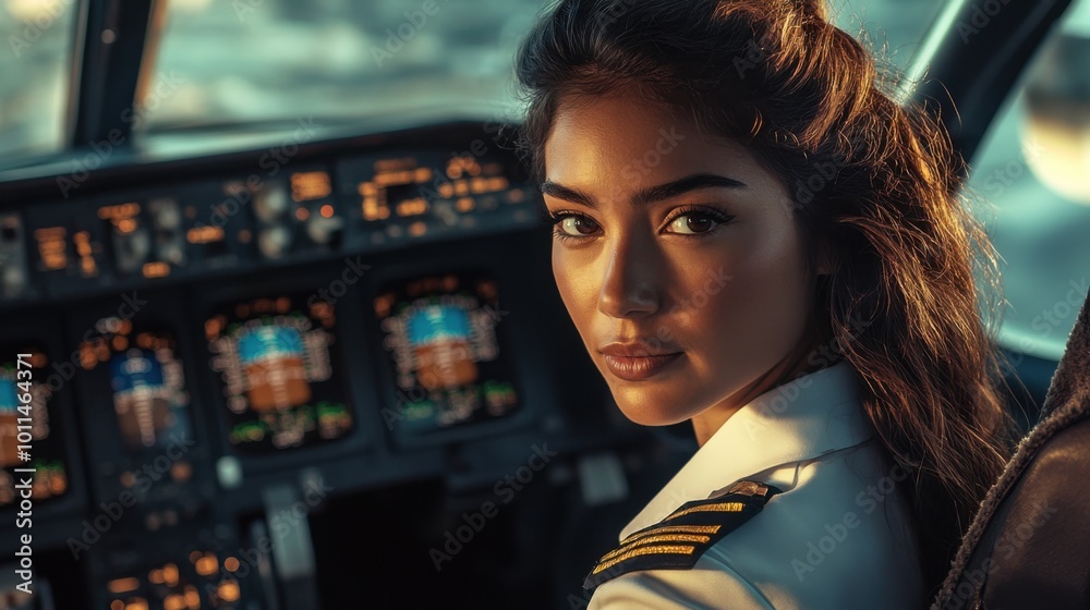 A curvy Latina female pilot in a professional uniform, standing by the cockpit door, preparing for takeoff.
