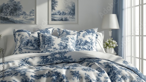 Elegant blue and white toile pattern with an intricate pastoral scene photo