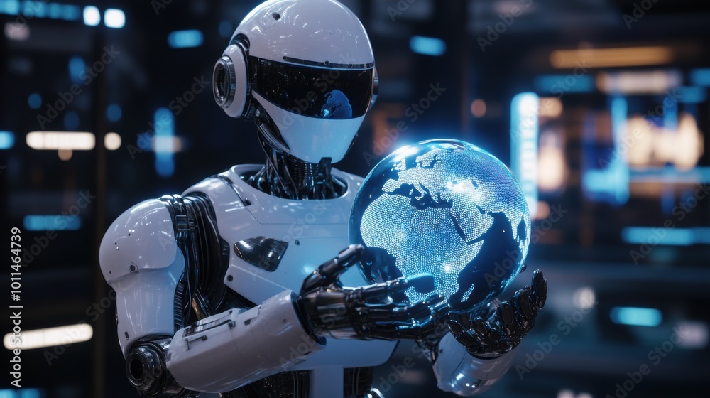 A humanoid robot holding a holographic globe in its hands, standing in a high-tech command center