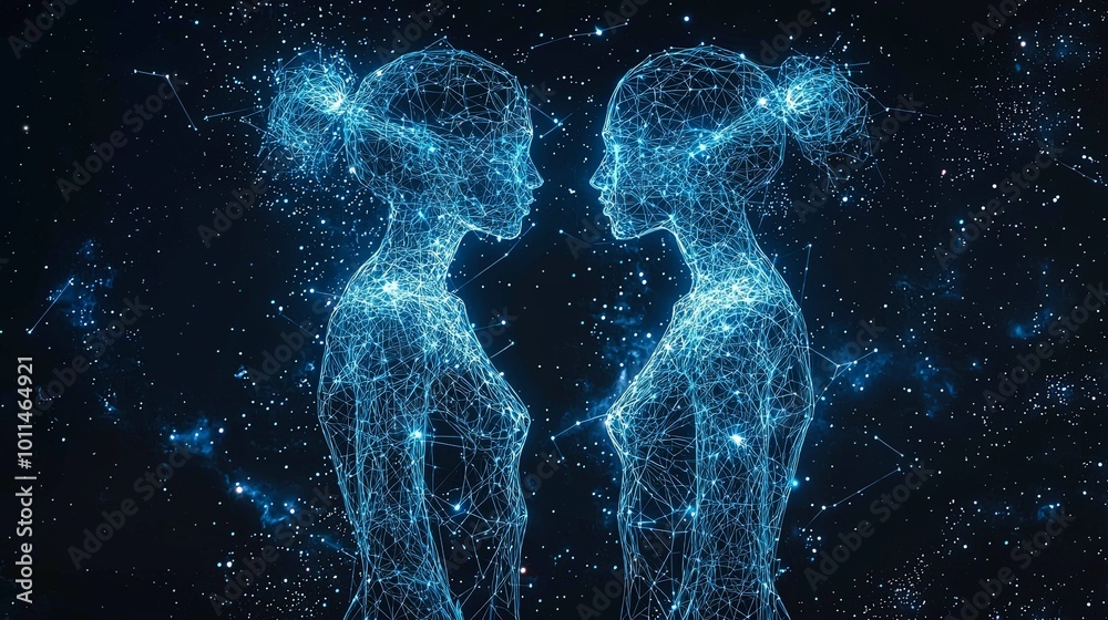Imagined with nebula patterns, two beings embrace within a cosmic backdrop of swirling galaxies, symbolizing unity and the interconnectedness of all existence and life. Imagined with nebula patterns, two beings embrace within a cosmic backdrop of swirling galaxies, symbolizing unity and the interconnectedness of all existence and life.