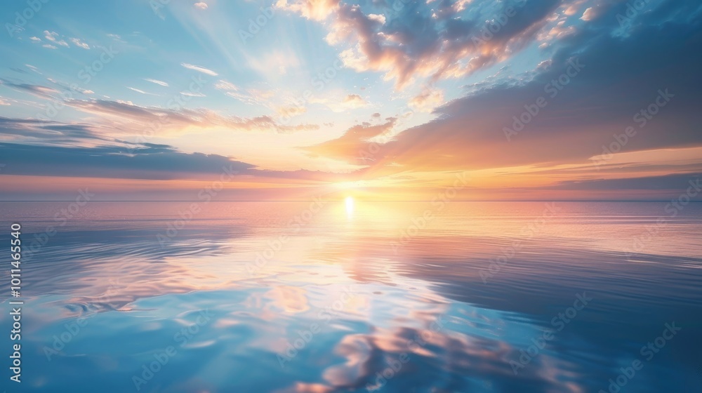 Fototapeta premium Breathtaking Sunset Over The Calm Sea With Reflecting Clouds And Warm Golden Light.