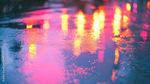 Neon city traffic lights reflecting on rain-soaked streets, creating vibrant reflections in pink and orange--perfect for urban photography backdrops.