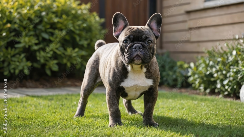 Brindle french bulldog in the garden Brindle french bulldog in the garden