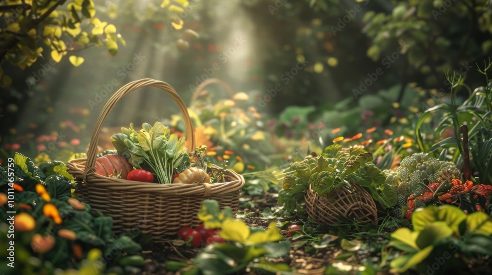 A vibrant basket filled with fresh vegetables and fruits surrounded by lush greenery in a sunlit forest. A vibrant basket filled with fresh vegetables and fruits surrounded by lush greenery in a sunlit forest.