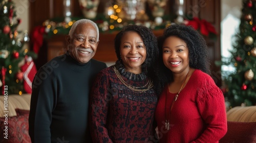 Three generations of family smiling together for a holiday portrait in a decorated living room