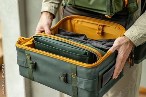 A Man Opening a Green and Yellow Travel Bag photo