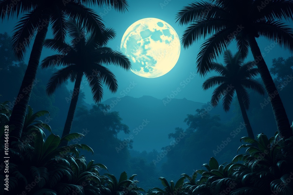Tranquil Tropical Beach Night Scene with Full Moon and Palm Trees Tranquil Tropical Beach Night Scene with Full Moon and Palm Trees