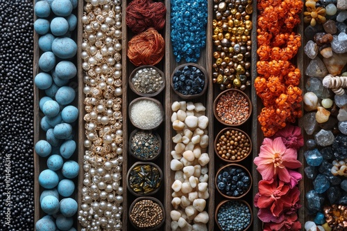 Vibrant Array of Colorful Beads and Natural Textures in Wooden Compartments