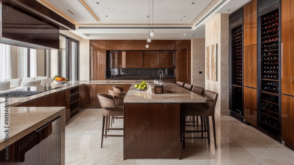 Fototapeta premium Modern kitchen featuring sleek cabinetry, a large island, and wine storage.