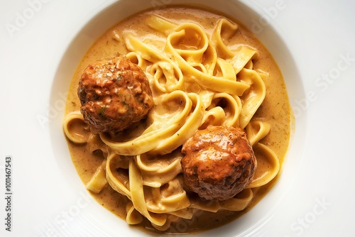 a plate with fettuccine noodles in a creamy sauce and meatballs