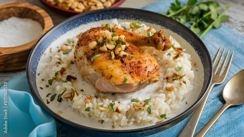 A large bowl of Saudi Saleeg, a creamy rice dish with milk, topped with golden roasted chicken. The smooth rice is garnished with toasted nuts and herbs for added crunch.