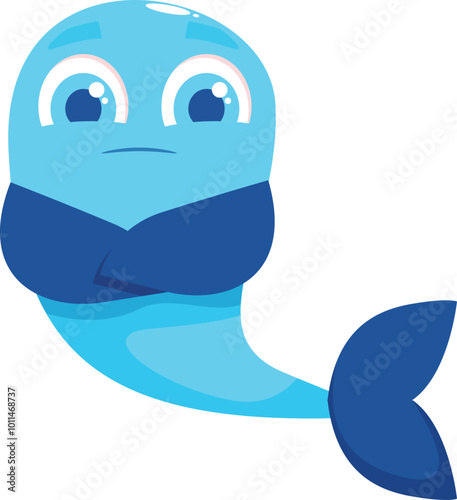 Blue cartoon fish with its fins crossed looking sad