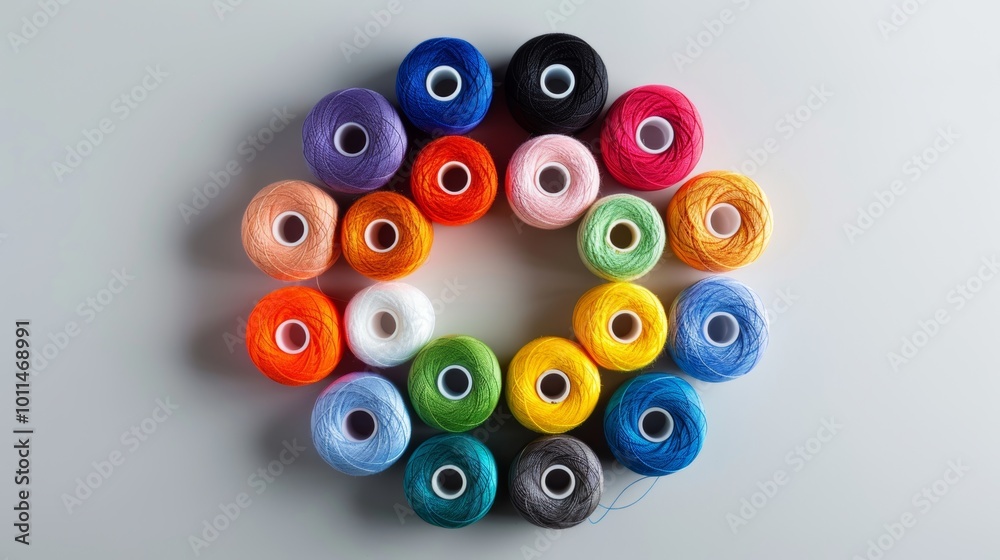 Colorful Sewing Thread Spools Arranged in a Circle on a White Background Colorful Sewing Thread Spools Arranged in a Circle on a White Background