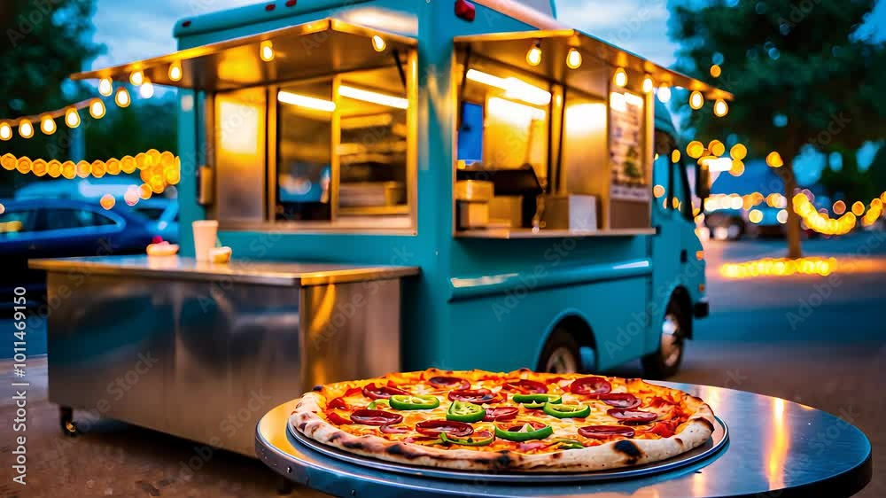 Pizza Food Truck at Outdoor Event with Fresh Pizza on Display Pizza Food Truck at Outdoor Event with Fresh Pizza on Display